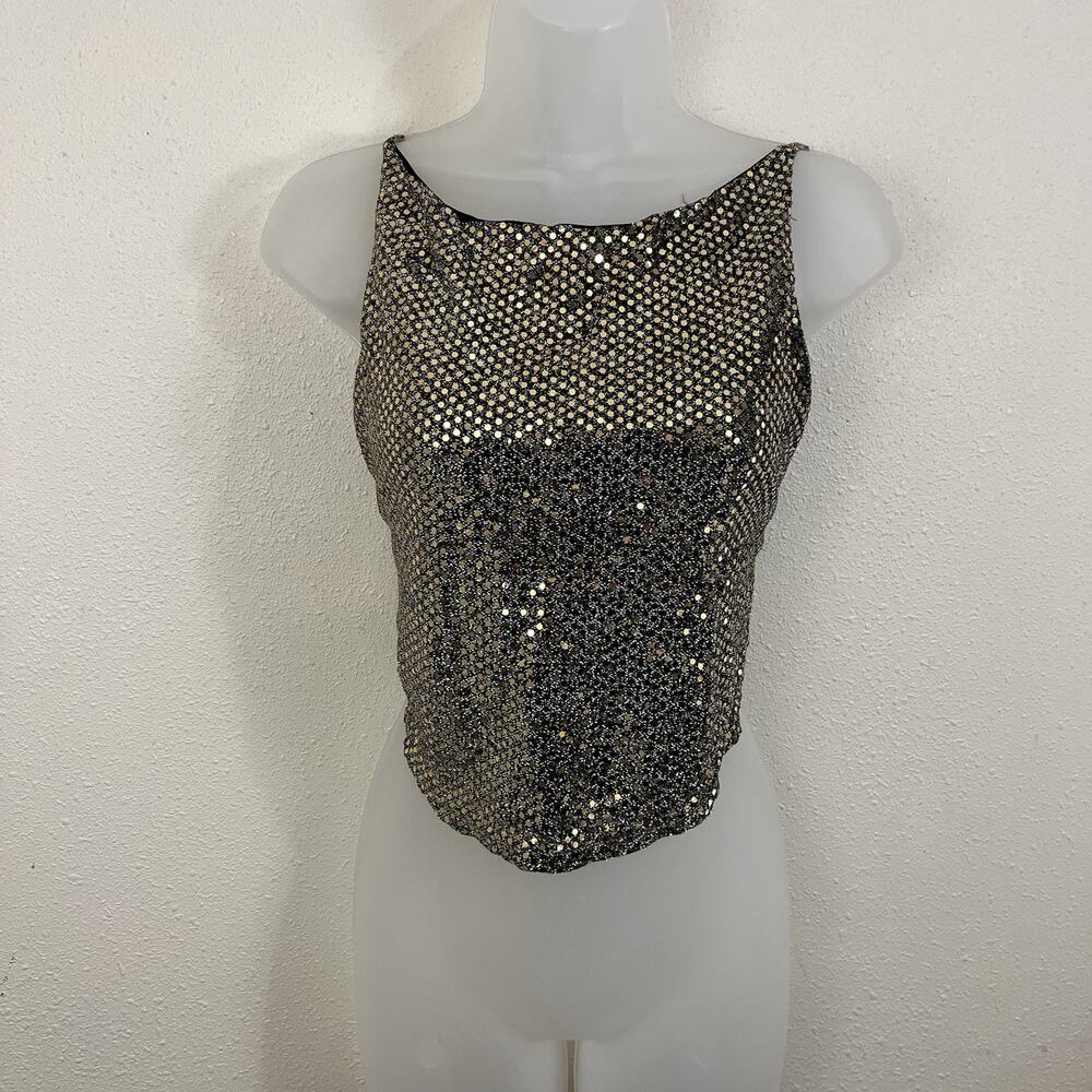 Vintage 90s Stella Gold Sequin Mesh Open Back Party Top Womens XS/S